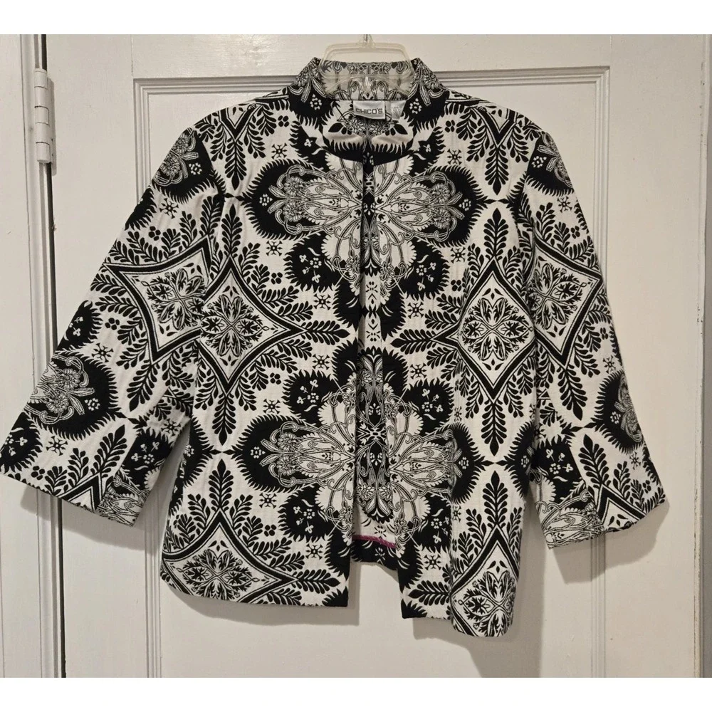 Chico's‎ Eye Catching Women's Open Front Black & White Cardigan Size Large